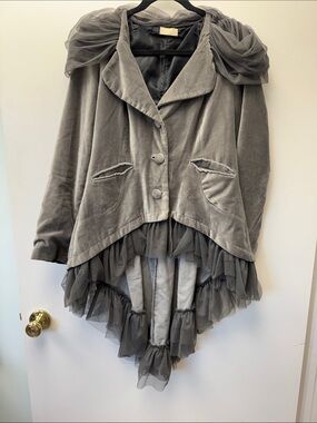 Nataya Charcoal Velvet Trench Coat with Tulle Trim